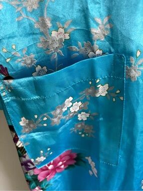 Floral Turquoise Satin Robe with Silver Accents
